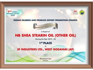 IOPEPC Certificate of Excellence awarding 3F Industries Ltd. first place for export of shea stearin in 2019-20